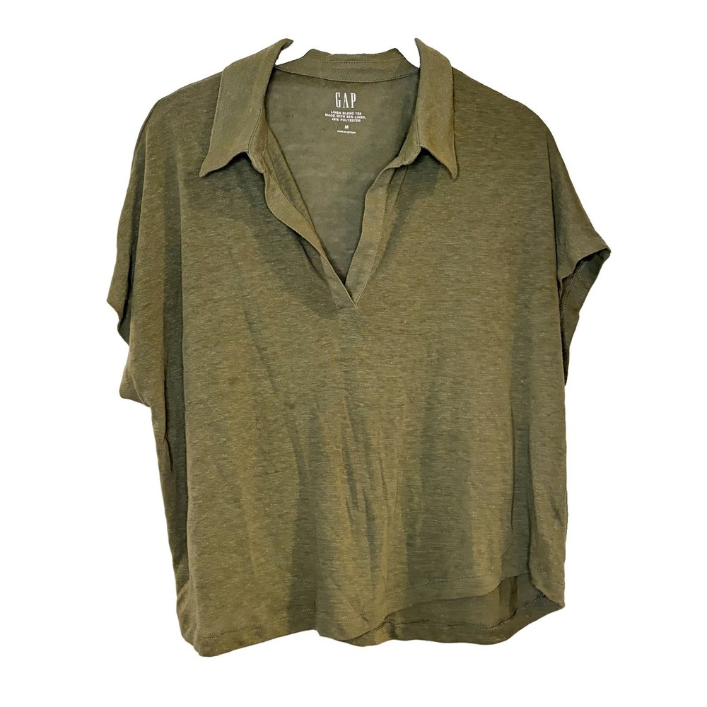 GAP Women's Green Linen Blend V-Neck Cap Sleeve Cropped Polo Shirt Size M